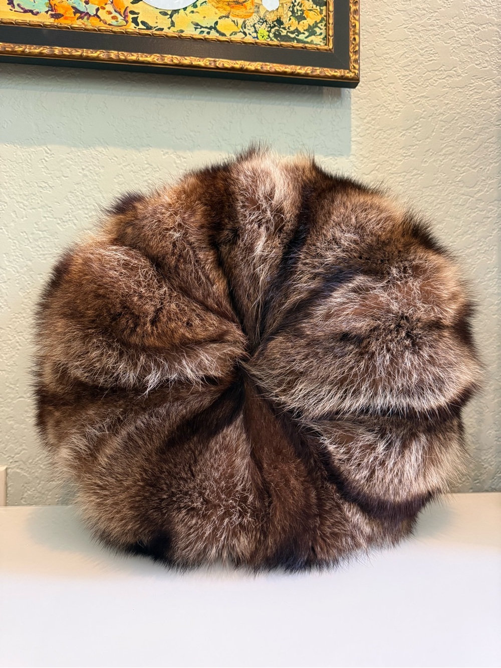 Plush Round Faux Fur Pillow - Mixed Brown Tones